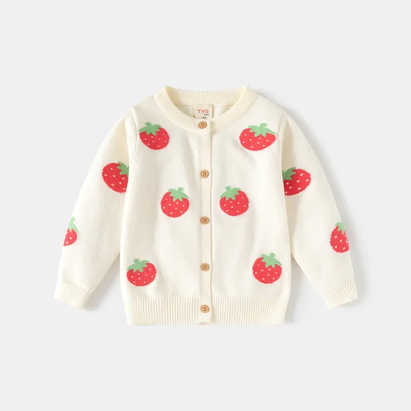 2-8T Toddler Girls Sweater Cardigan Strawberry Print Knit Top Warm Winter Clothes Crew Neck Knitwear Long Sleeve Knit Coat