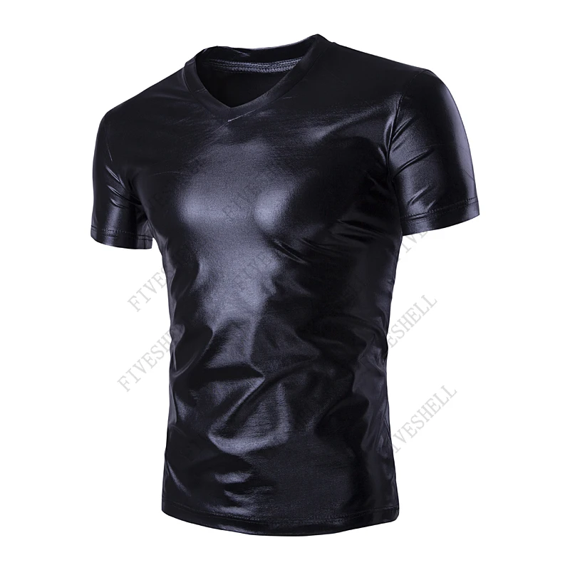 Shiny Gold Metallic V Neck T Shirt Men Hip Hop Punk Tshirt Men DJ Nightclub Bar Tee Shirt Homme Slim Fit Short Sleeve T-shirt