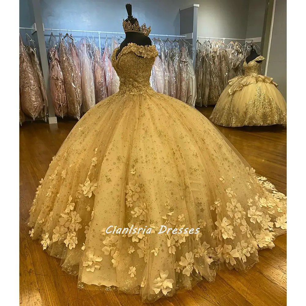 Abiti Quinceanera con applicazioni floreali in cristallo lucido oro rosa abito da ballo con spalle scoperte fiori fatti a mano dolce 15 abiti da festa