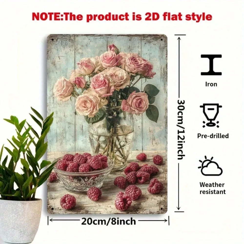 SanRoses Metal Wall Art Sign 8x12 Inch, 3D Vintage Iron Decor Rustic Farmhouse Roses Raspberries Wall Decor for Kitchen Home