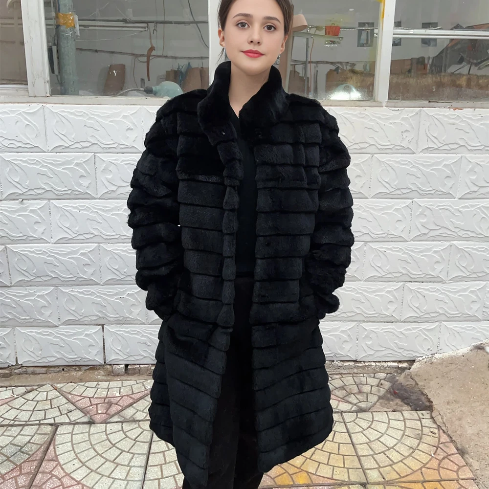 Fancy Rani Winter Rex Rabbit Coat Standing Collar Soft Warm Natural Rex Long Jacket Women's Coat Full Fur Thick Luxury Plus Size