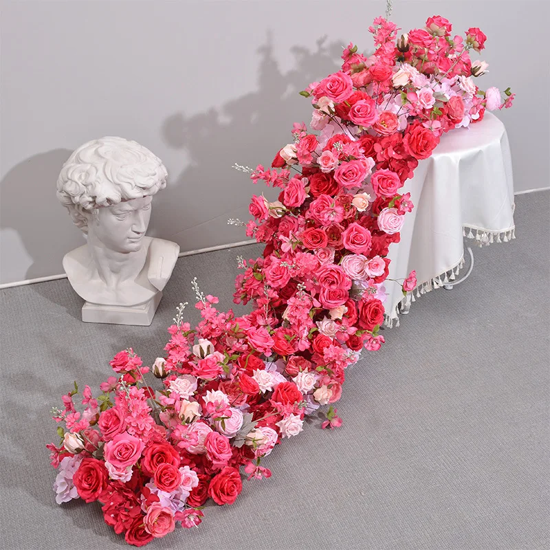 

200cm Artificial Flower Row Wedding Table Runner Rose Hydrangea Flower Row Pink Flowers Ball Party Backdrop Decor Floral Wall