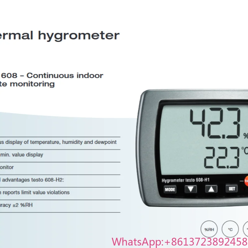 

Testo Household and Outdoor 608-H2 with LED Alarm Industrial High-Precision Temperature and Humidity Meter Model 0560 6082