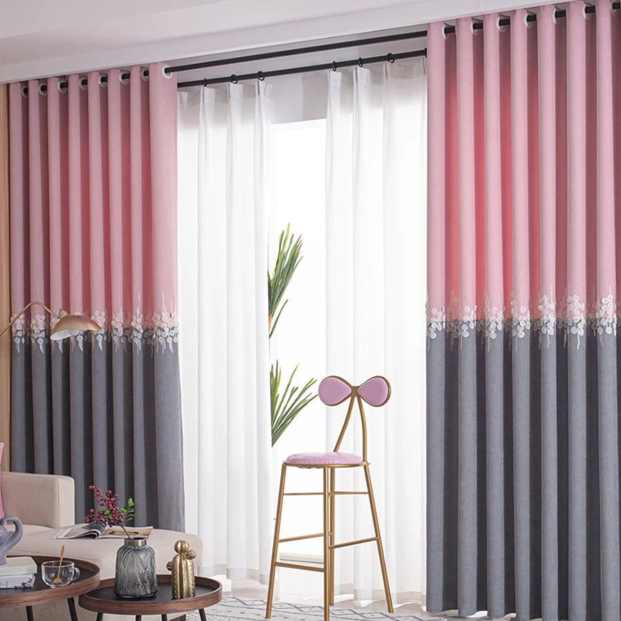 Morandi Color Block Embroidered Blackout Curtain Elegant Modern Window Drapes for Living Room & Bedroom