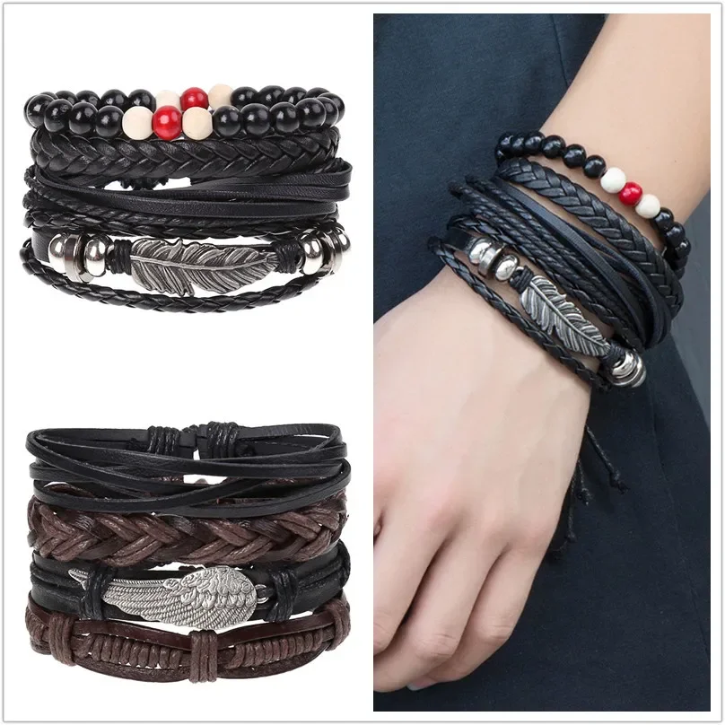 4Pcs/ Set Braided Leather Men Women Bracelets Vintage Wooden Beads Rudder Cross Ethnic Wristbands Hope Believe Bracelet