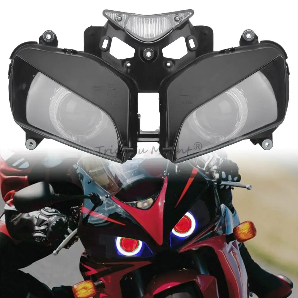Fully Assembled Headlight White Angel Eye Motorcycle Headlight Fits For Honda Cbr1000Rr 2004-2007 Clear Lens Matte Black Housing