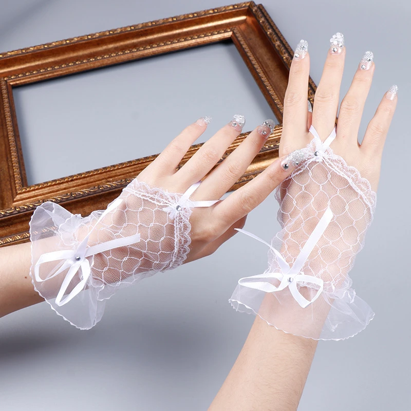 

Decorations For Nail Photography Lace Short Fingerless Gloves Girl Princess Mesh Bow Hand Sleeve Manicure Photo Props