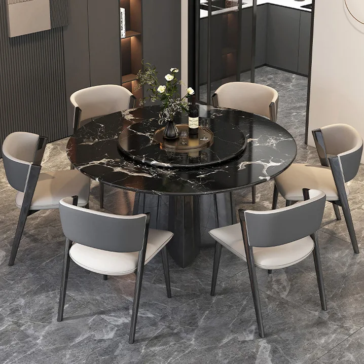 

Luxury Italian light luxury high-end black rose natural luxury stone dining table round table household marble dining table and