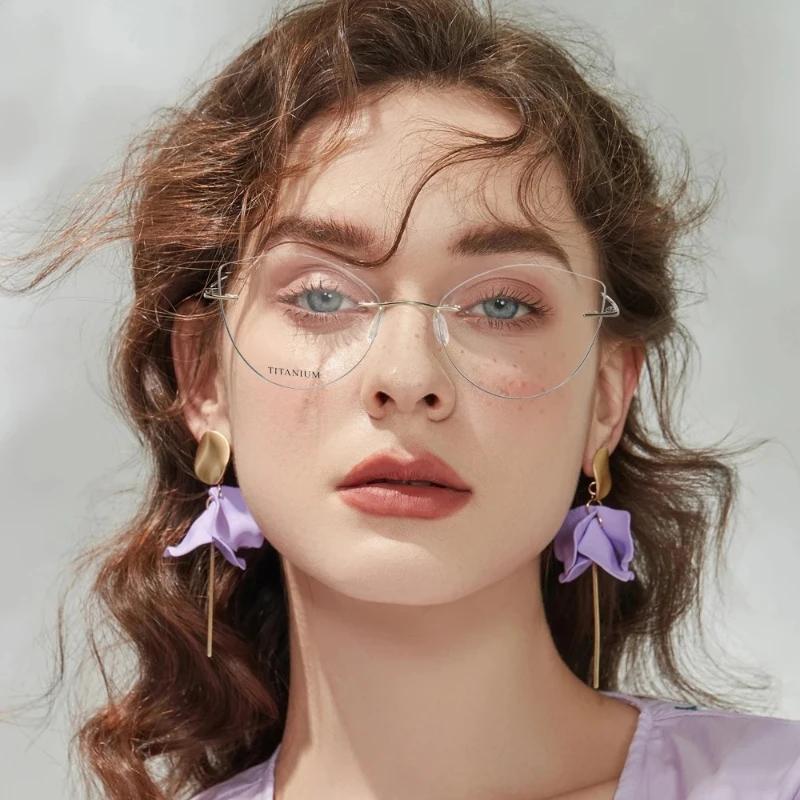 EYORA Pure Ti Cat Eye Rimless Reading Glasses for Women Photochromic Anti Blue Light Intelligent Progressive Multifocal Lenses