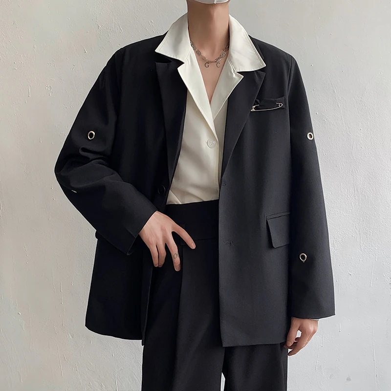 

Casual Metal Bule Design Men's Suit Jaet Sli Youth Trend Long Sve Regular Length Loose Fit Faionable Streetwear