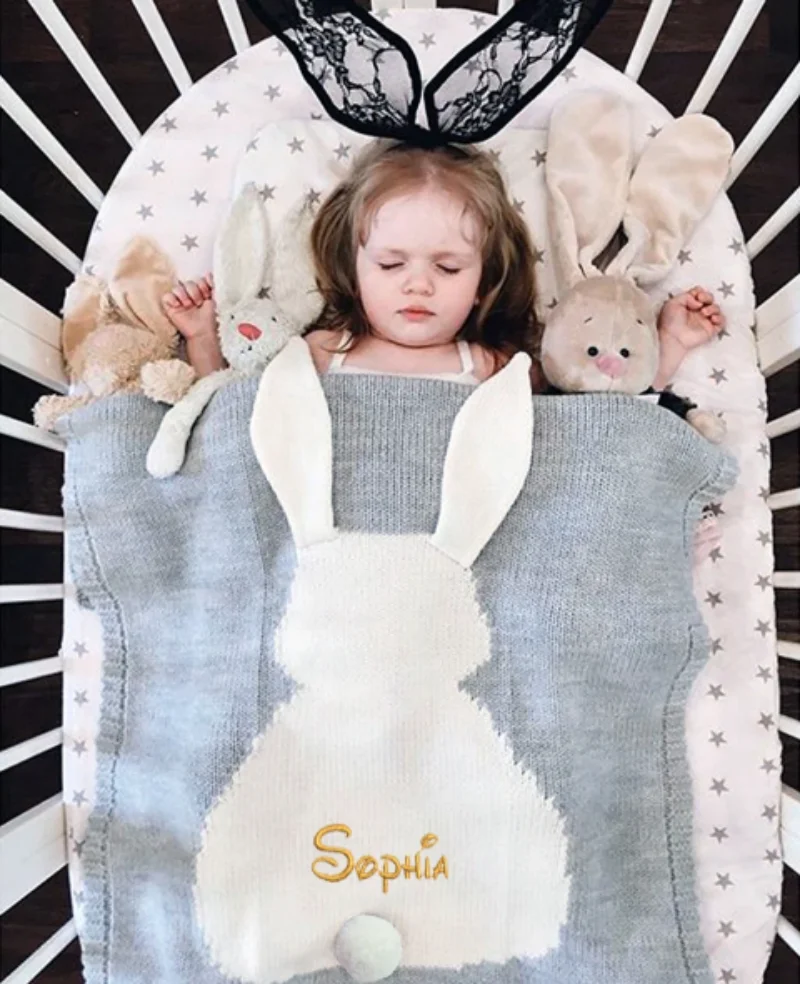 Custom Name Newborn Baby Blanket Swaddle Baby Wrap Knitted Blanket For Kid Rabbit Cartoon Plaid Infant Toddler Bedding Swaddling