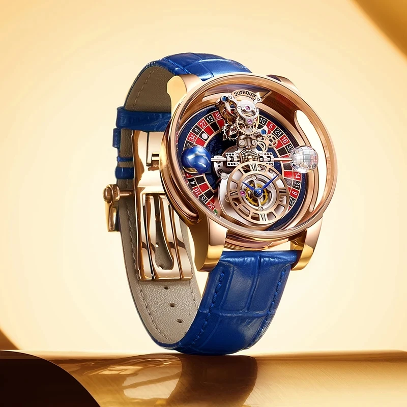 PINDU Designs Las Vegas Celestial Series Roulette Creative Watch Quartz Watch For Your Creative Wrist Rose Gold Leather Watches