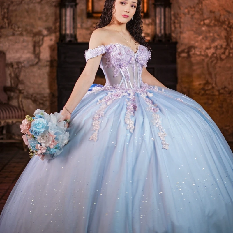 

Небесно-голубое блестящее платье для квинсеаньеры, бальное платье с открытыми плечами, аппликациями из кружева, бисером, кристаллами, бантом, корсетом, тюлем, для дня рождения, вечеринки, Sweet 16
