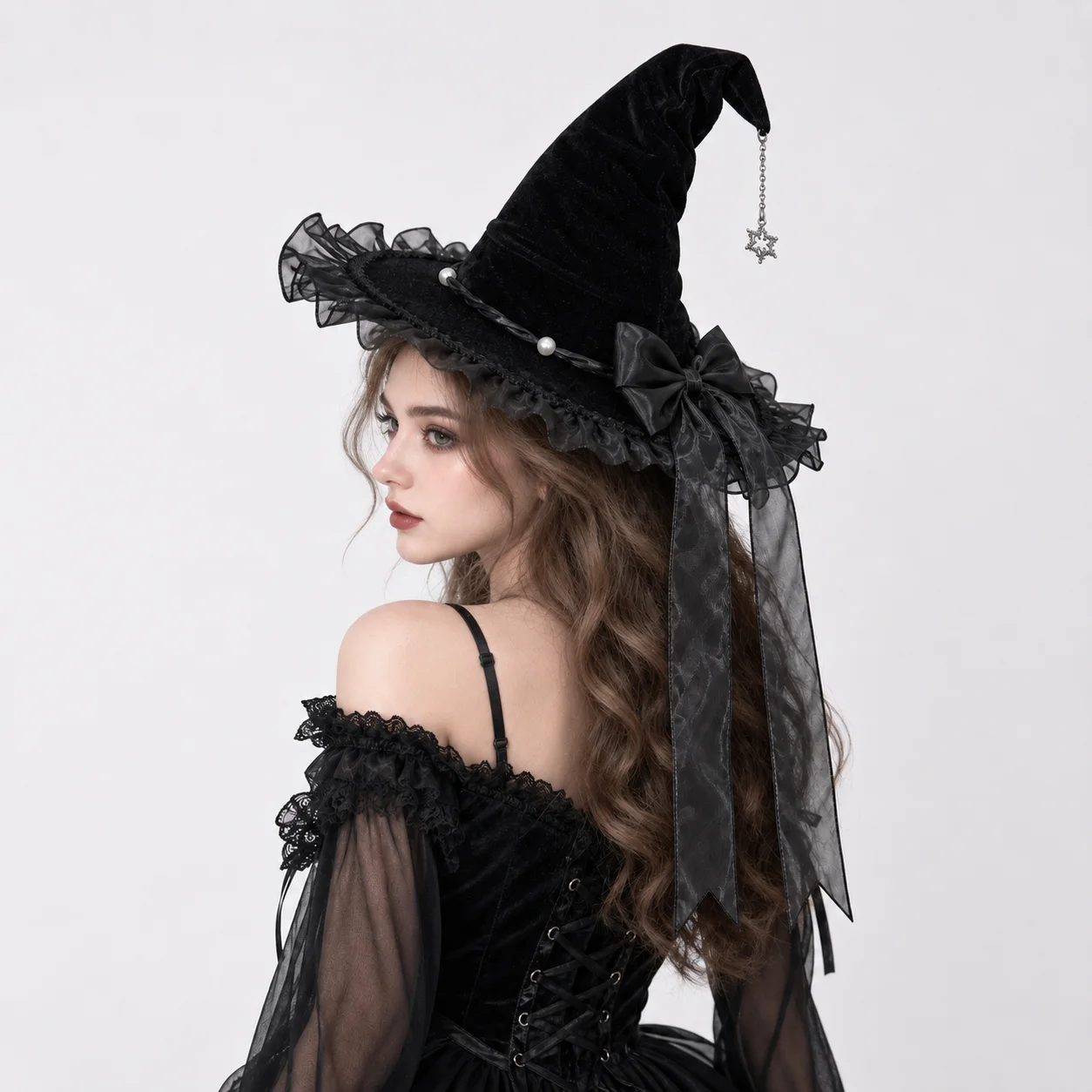 Black Purple Witch Hat Gothic Lolita Bow Wizard Cap Halloween Cosplay Costume Accessory for Women Girls Party Masquerade Fancy