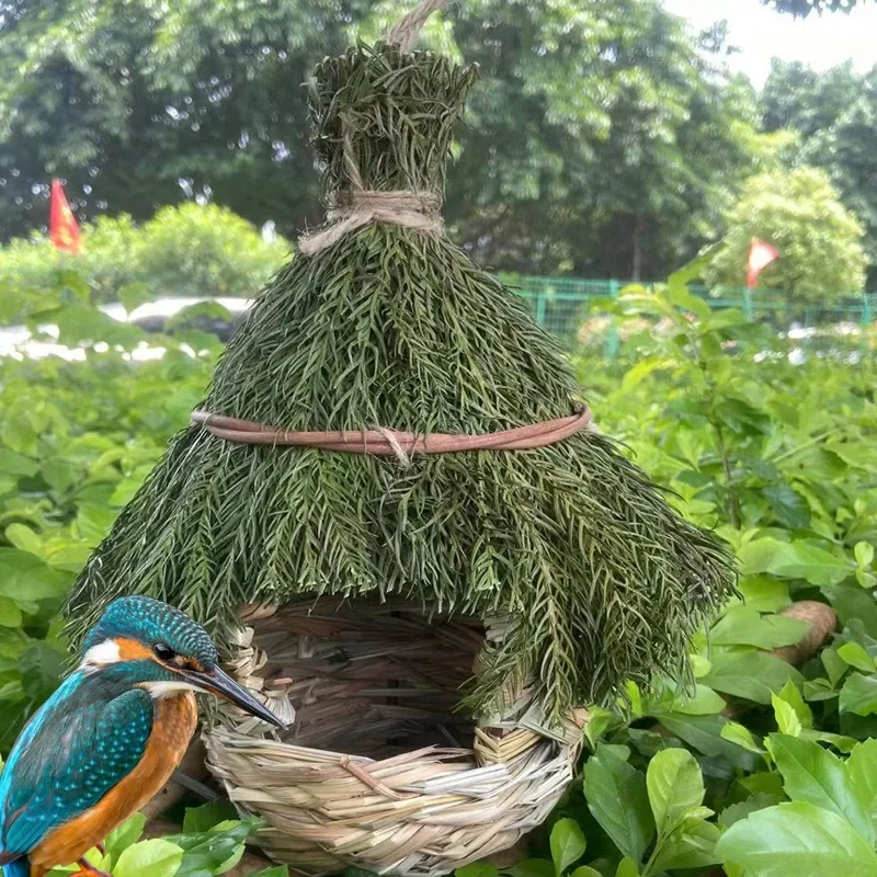 Hand-woven Natural Grass Bird Cage House with Hanging Rope Multipurpose Bird Nest Shelter Hut Pet Supplies Bird Accessories