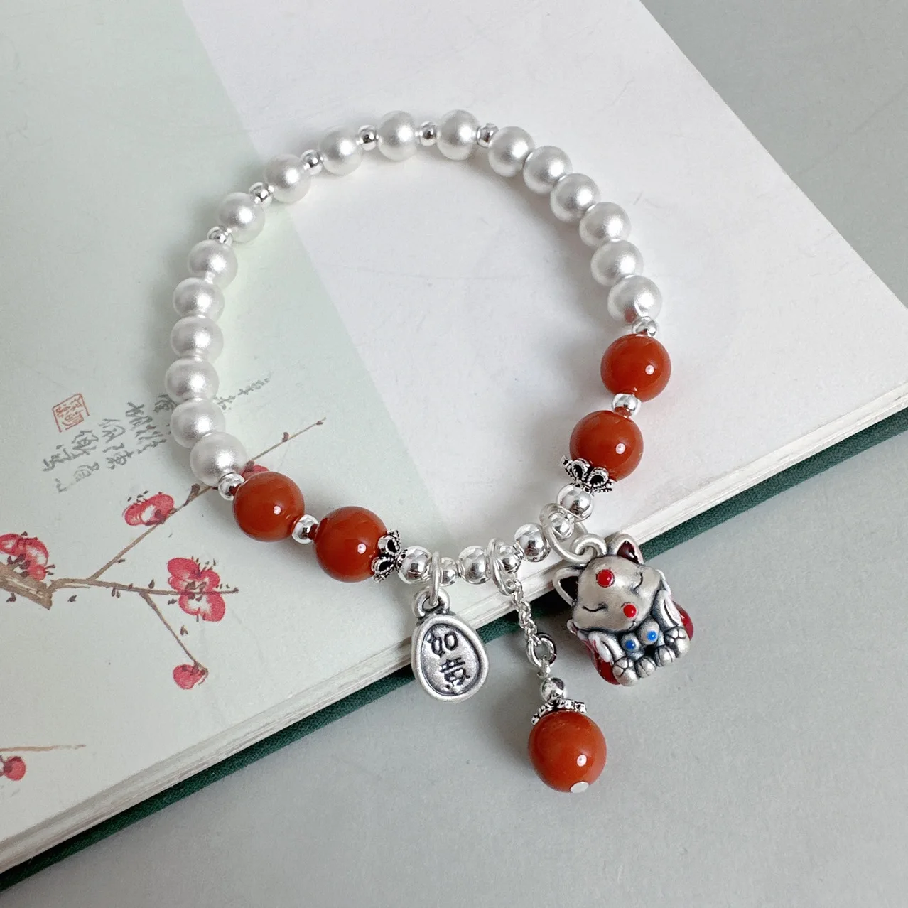 Ethnic 999 Silver Little Fox Charms Bracelet for Women Original Design Red Agate Silver Beads Handmade Bracelets Jewelry SL112