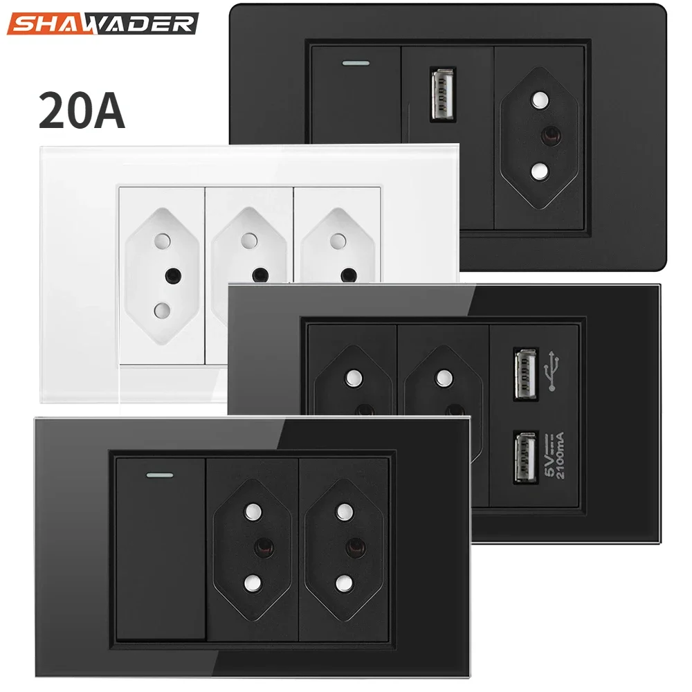 20A Brazil Plug Power Wall USB TYPE C Socket Tomada Pressure Switch PC/Glass Panel Position Jack Brazilian Outlet Home Offic/