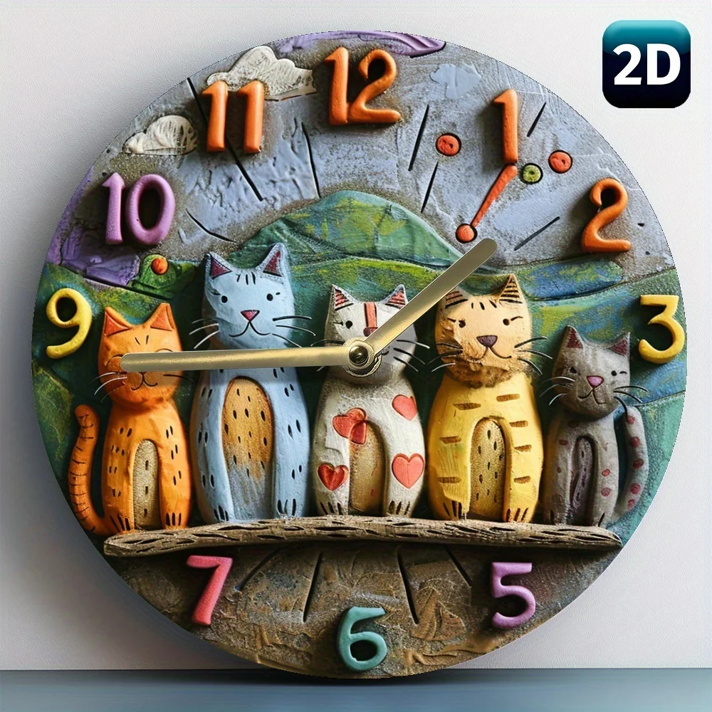 An 8-Inch 2D Flat Style Quartz Wall Clock With A Cute Cat Pattern - The Perfect Choice For Autumn Decoration