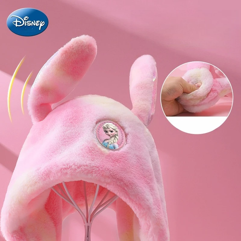 قبعة Miniso Disney للأطفال لطيفة للشتاء للفتيات الصغيرات آذان أرنب عائشة يمكن أن تلمس وشاح القبعة