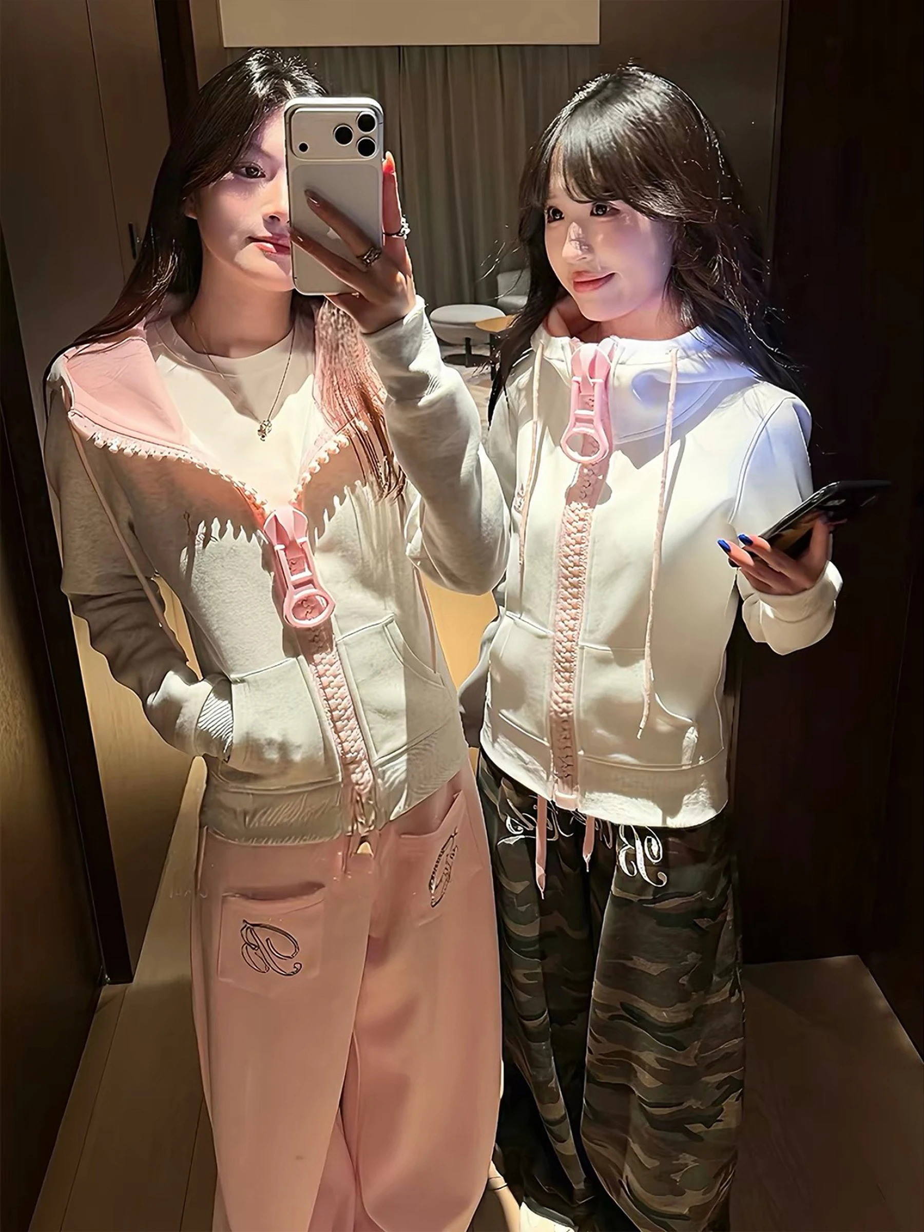 Korean Style Embroidered Hoodie Women's Slim Fit Casual Loose Cardigan Coat Zipper Design Cotton Material Autumn Wear