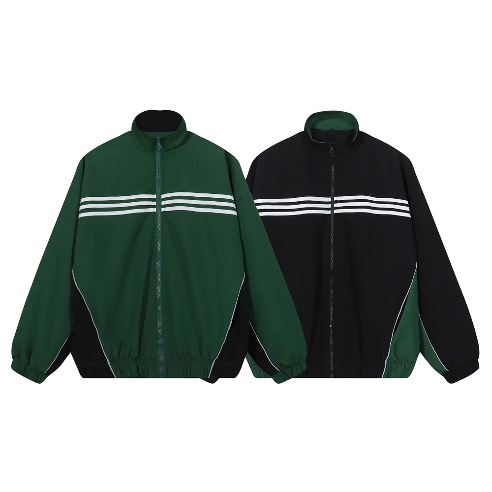 Striped zipper Jacket Men High Quality Green Black Loose Jackets Coat Streetwear Outwear