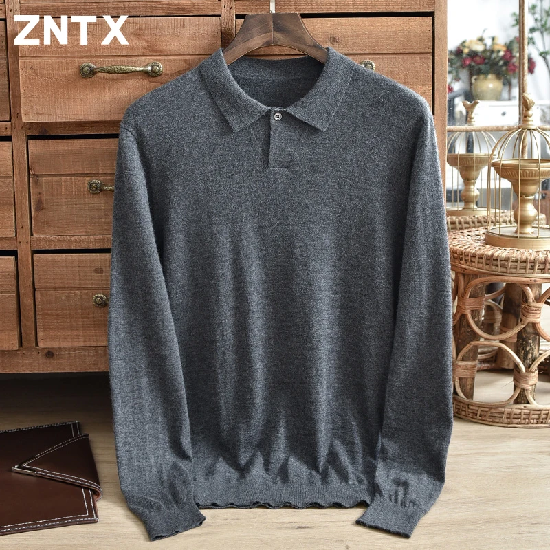 New pure cashmere sweater men's fine spun lapel button middle-aged winter warm base knitted thin long sleeved business style