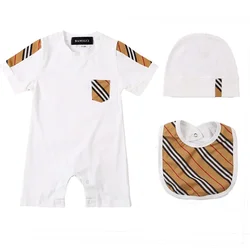 New Summer Fashion 3 Pcs Newborn Boys Girls Rompers Bibs Hats Sets Plaid Stripes Cotton Short Sleeve New Born Baby Clothes