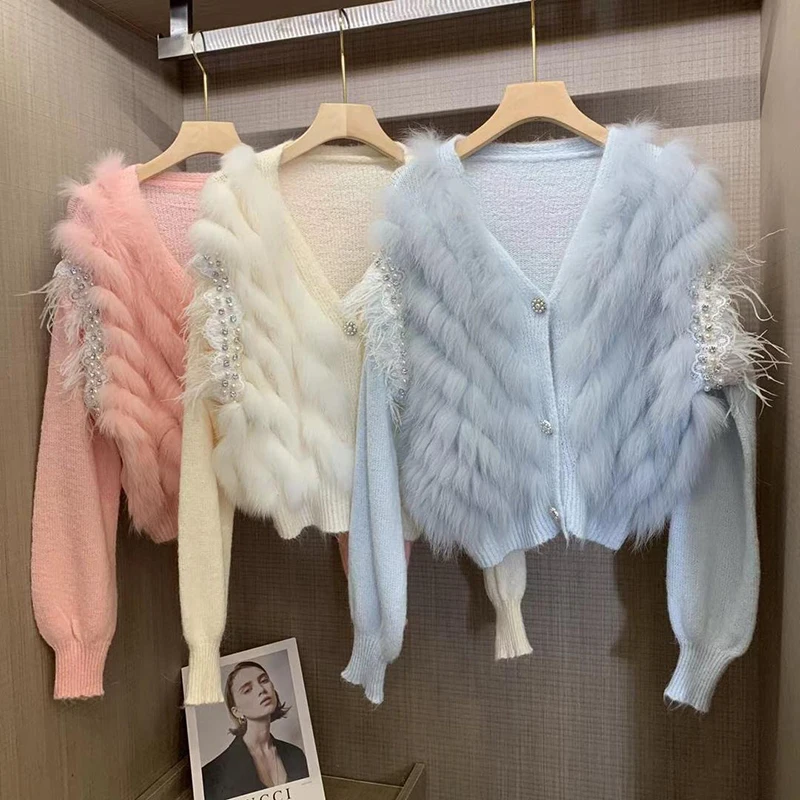 New Arrival Spring Thin Women Oversize Real Fox Fur Sweater Real Fur Loose Autumn Pink White Knitted Jacket Wear