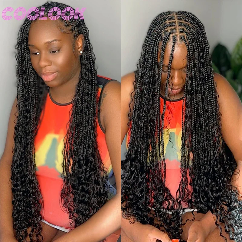 

32 inch Boho Braided Synthetic Full Lace Wigs Goddess Locs Wig Box Braids Wig for Woman Bohemian Lace Frontal Wig Braids Wig