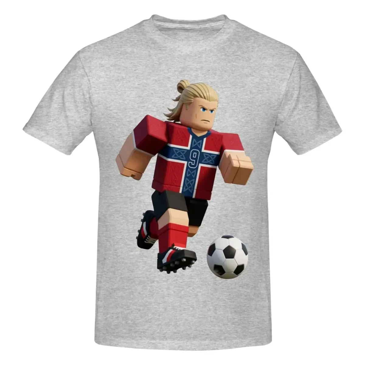 Block Pixel Football Player T Shirt Cartoon Haaland No.9 Norway Flag Jersey Print Black Short Sleeve Men Soccer Fan Casual Tee