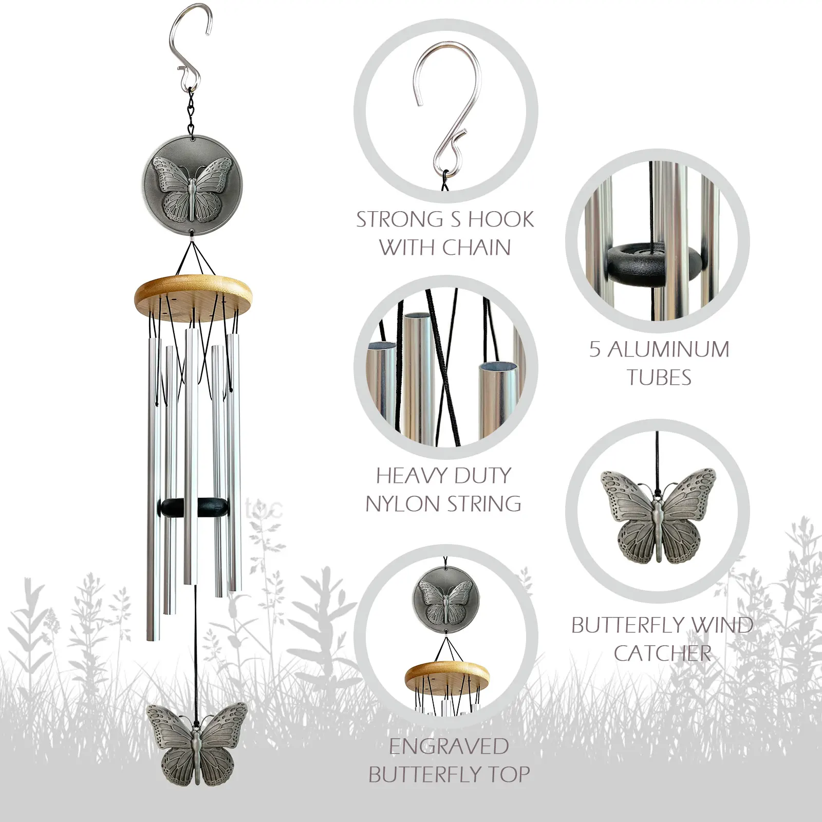 THEYUFA Butterfly Wind Chimes Outdoor, 29 Inch Silver Memorial Windchimes Metal Garden Patio Yard Decor, Unique Gifts for Women