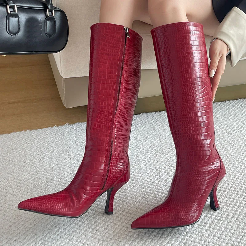 Fashion Zippers Ladies Long Boots With Heels Shoes Female Autumn Winter Pointed Toe Women Knee High Boots Footwear Big Size 43