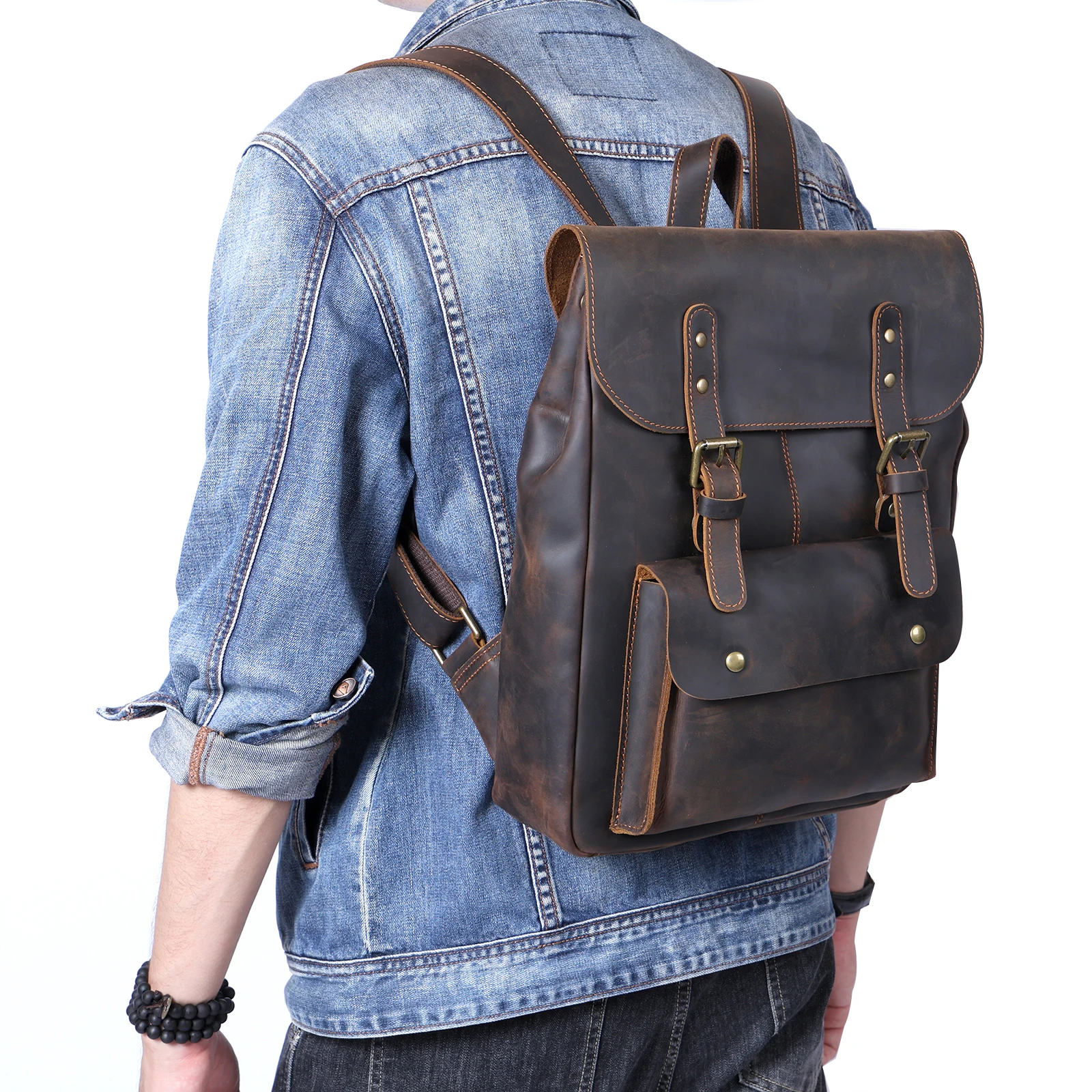S.WORKER Vintage Echtleder Herrenrucksack Handgefertigte Top-Grain-Leder Laptop-Umhängetasche Crazy Horse Tasche Mode für Männer – Detail 6