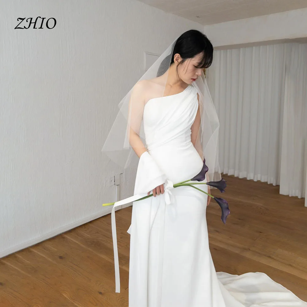 ZHIO Simple One-Shoulder Korean Wedding Photography Pleat Bride Wedding Dress Sweep Train Reception Dress Customized