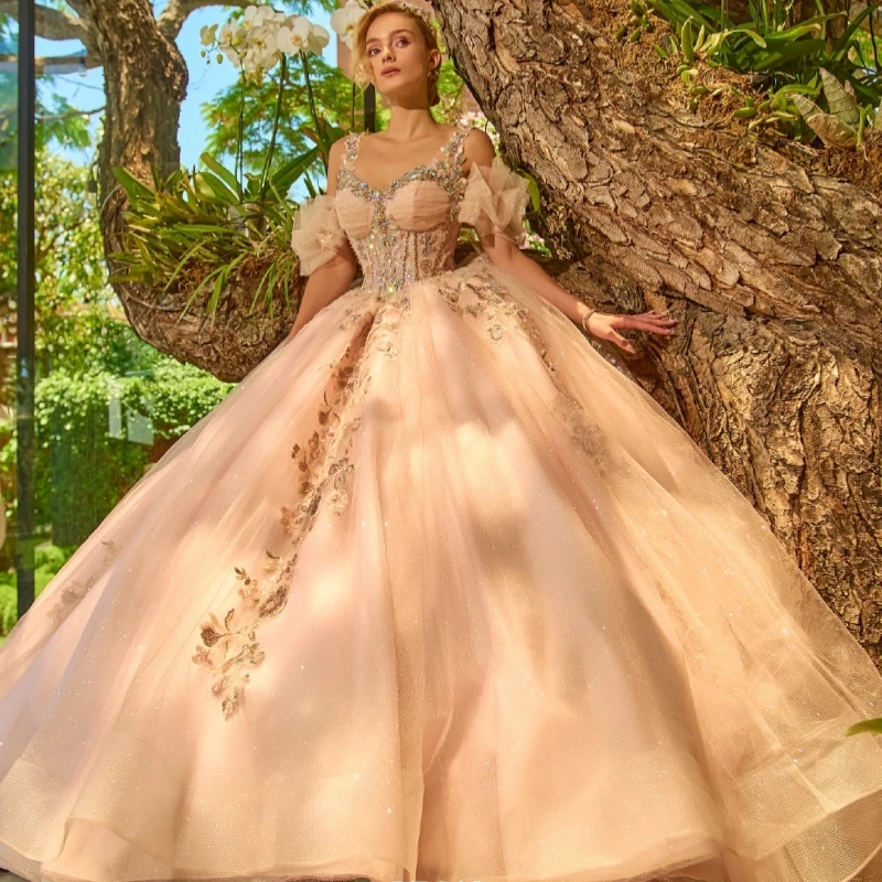 

Champagne Shiny Quinceanera Dresses Off The Shoulder Applique Bow Beading Crystal Tull Corset Party Birthday Sweet 16 Dress Vest