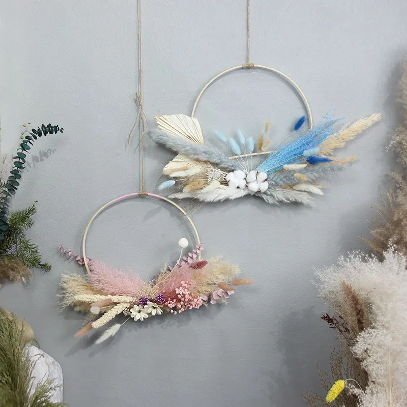 Real Dried Natural Flowers Ring Bohe Wedding Decor Wreath Home Decor Dry Pampas Grass Garland Wall Hanging Wreath Decoration