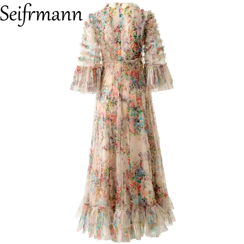 Seifrmann Spliced ​​three-dimensional flower print dress v-neck short-sleeved waist long dress 2026 autumn women's new style