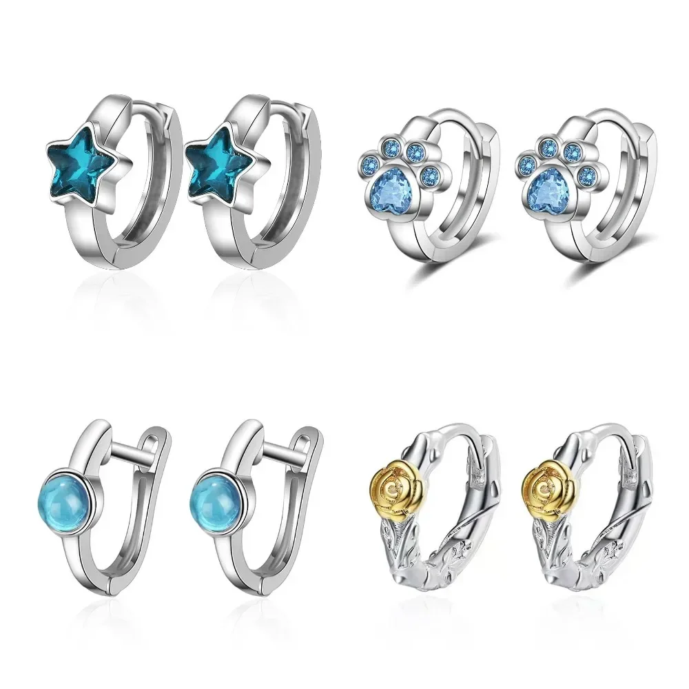 Baby Princess Blue Crystal Zircon Cute Star Hoop  for Child Girl Women Beautiful Loop Huggies  Korea Jewelry Arete