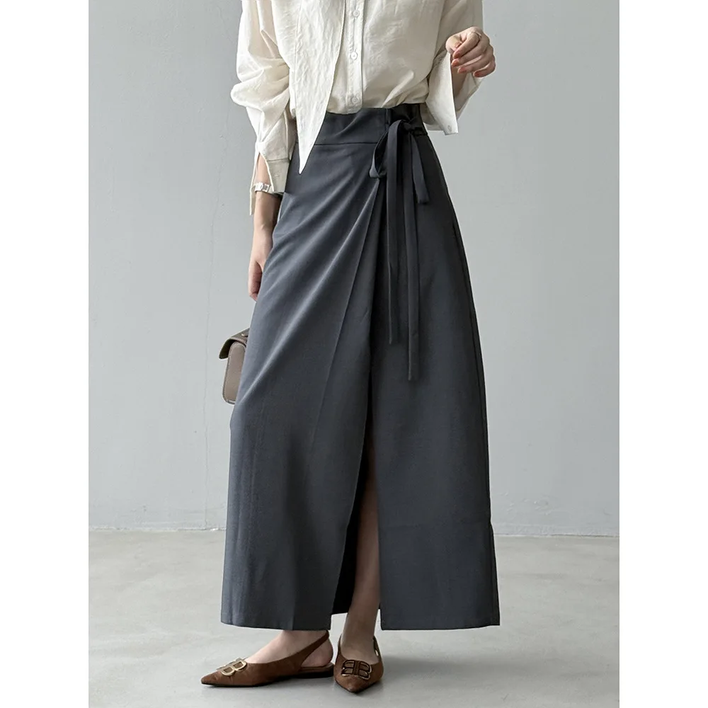 

Side Waist Tie Up Suit Half Skirt for Women, Autumn Design Sense, High Waist Slit A-line Hip Hugging Long Skirt