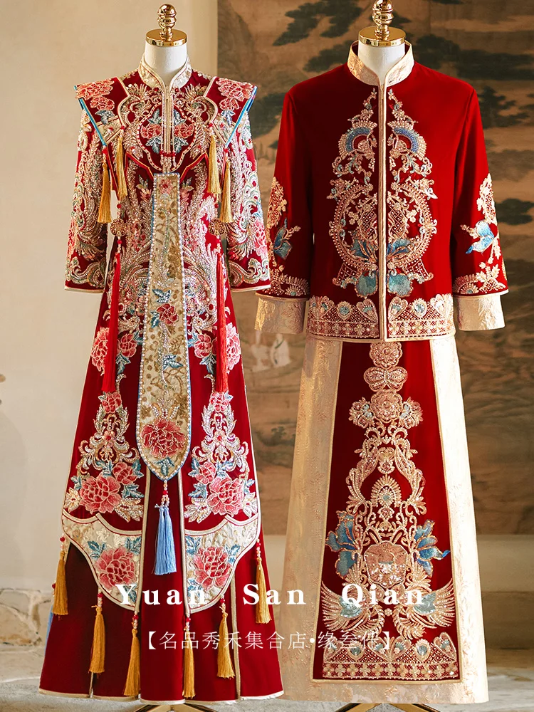 

High-end velvet phoenix crown charcoal contrasting color heavy industry summer new Chinese wedding clothes hanfu