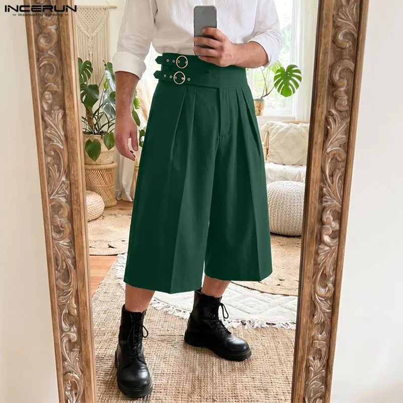 INCERUN Herrenhose, einfarbig, hohe Taille, Jogger, lässige Hose mit weitem Bein für Herren, Streetwear, lockere 2026 männliche wadenlange Hose