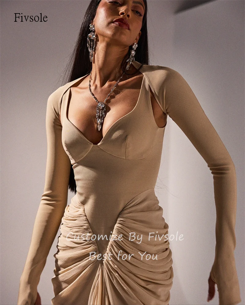 Fivsole glamourosa querida pescoço sereia vestidos de baile mangas compridas plissado vestido de festa até o chão vestido de noite personalizado