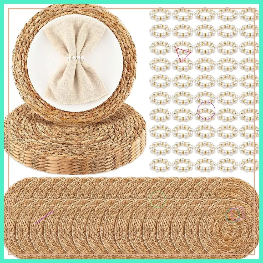 

50 шт. Набор салфеток из натуральной ткани с жемчужными кольцами для салфеток, 13-дюймовые круглые зарядные устройства из ротанга для свадебного обеденного стола