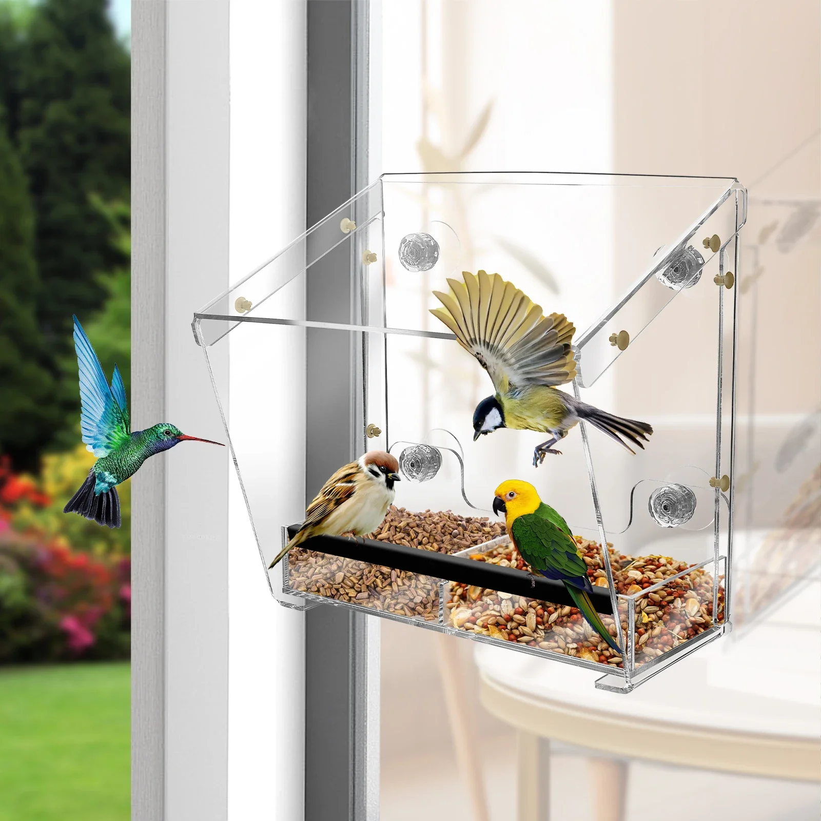 Comedero de Acrílico para Pájaros con Ventosas, Casa Transparente para Alimentar Aves en Jardín, Patio Trasero y Observación de Fauna Silvestre