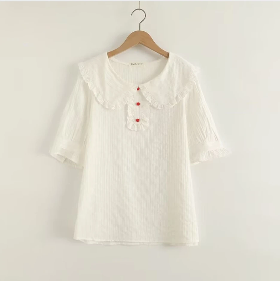 Camicia in cotone 100% di alta qualità Donna Papillon Dolce estate JK Colletto alla marinara Manica corta Camicette bianche blu scuro Uniforme scolastica Top