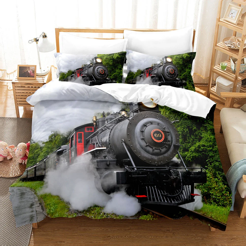 

Steam Engine Duvet Cover Set Black Smoke Vintage Locomotive Train Picture King Queen Size For Kid Boy Girl Polyester Bedding Set