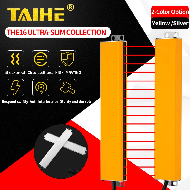 Ультратонкая световая завеса безопасности только толщиной 16 мм, высота 4/8/12 лучей 0,2–1 м, низкопрофильная для автоматизированных систем