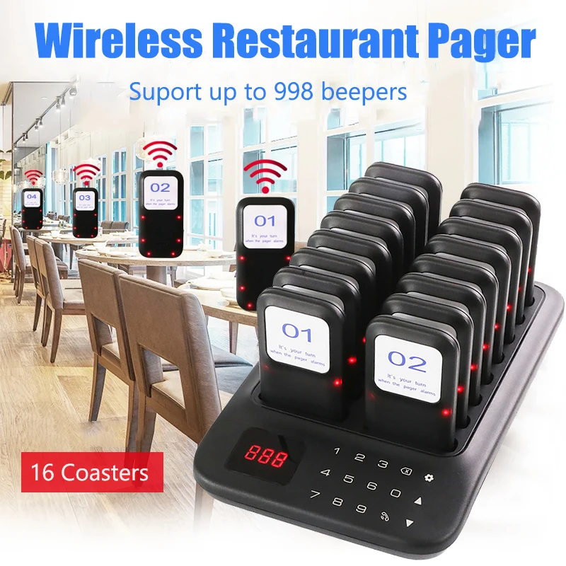 Wireless Restaurant Pager Queue Paging System 16 Beepers Customer Calling System for Cafe Coffee Dessert Shop Food Truck