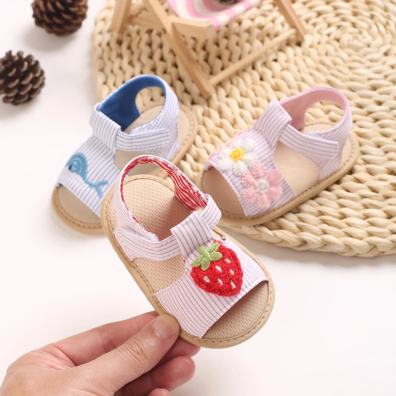 

0-18 Months Baby Summer Sandals Striped Fabric 3D Fruit Flower Boat Embroidery Decoration Non slip Sole Outdoor Crawling Shoes