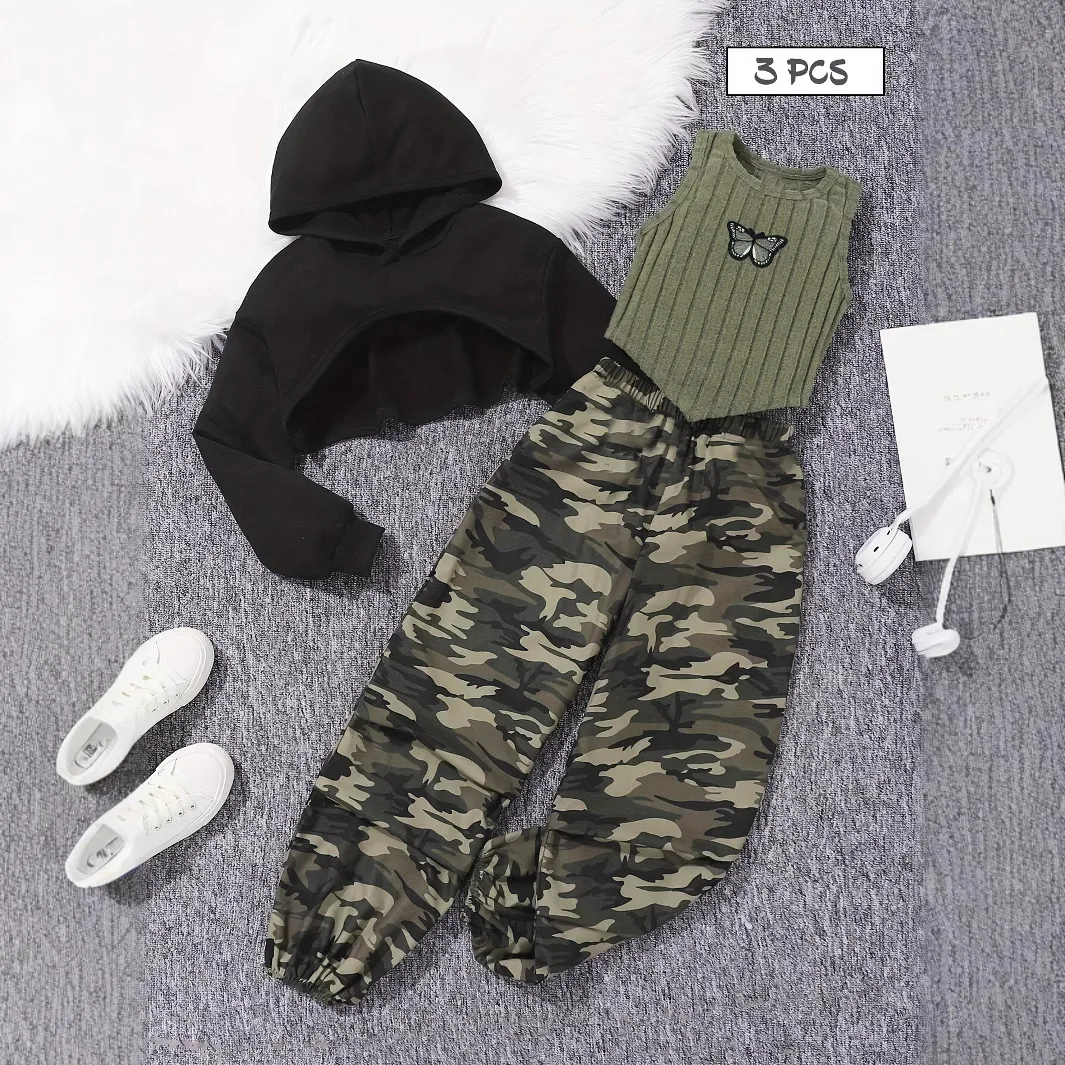 

3PCS Hooded Clothes Set for Kids Girl Army Green Camouflage 3-12Y Cool Girl Coat+Vest+Pant Autumn Fashion Child Set Outfits Baby